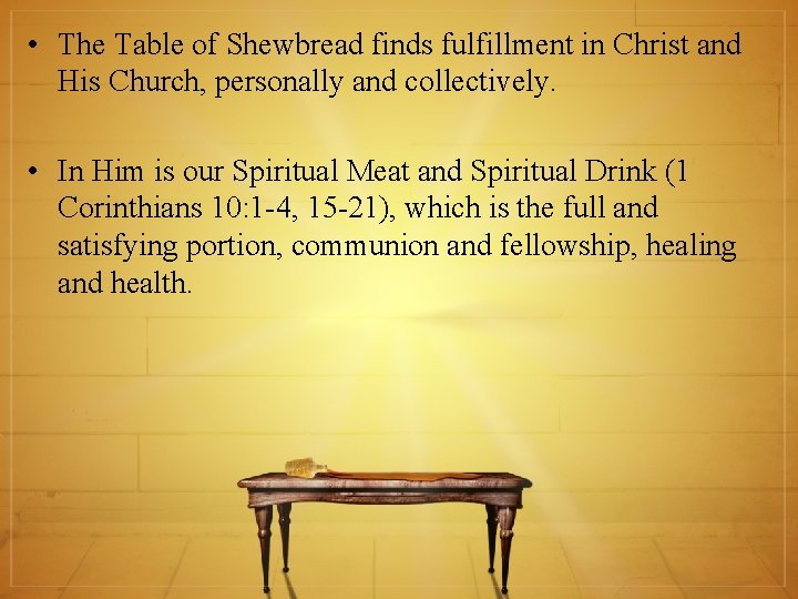  • The Table of Shewbread finds fulfillment in Christ and His Church, personally