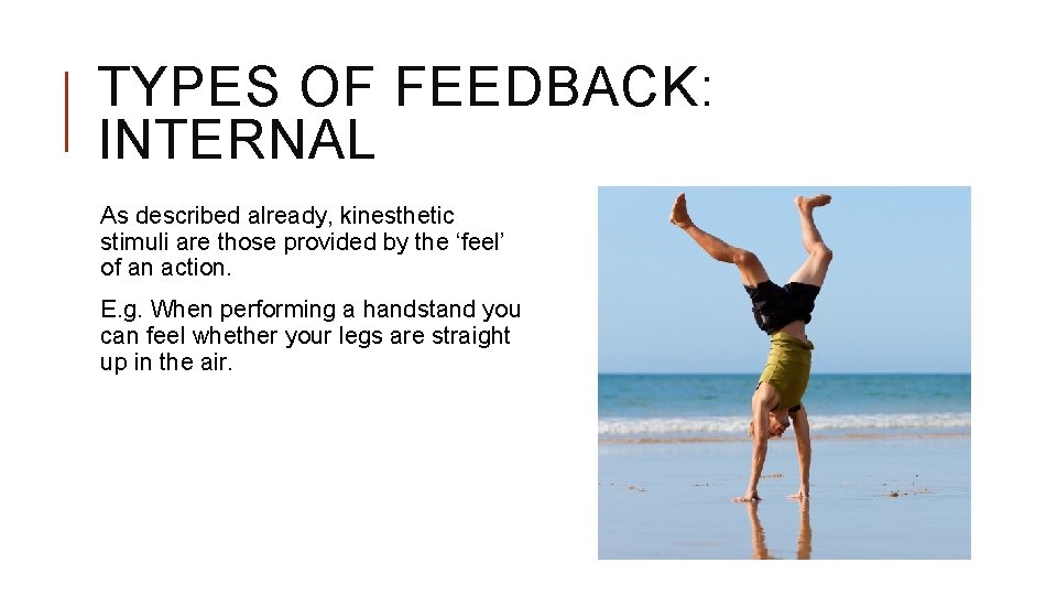 TYPES OF FEEDBACK: INTERNAL As described already, kinesthetic stimuli are those provided by the