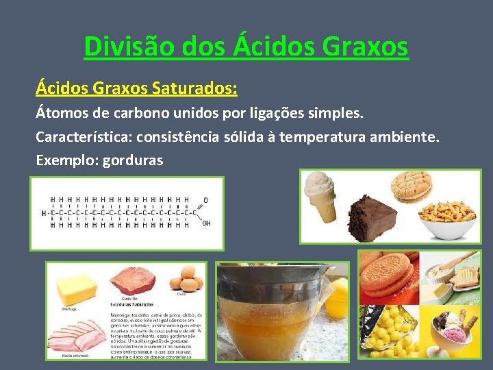 Divisão dos Ácidos Graxos Saturados: Átomos de carbono unidos por ligações simples. Característica: consistência