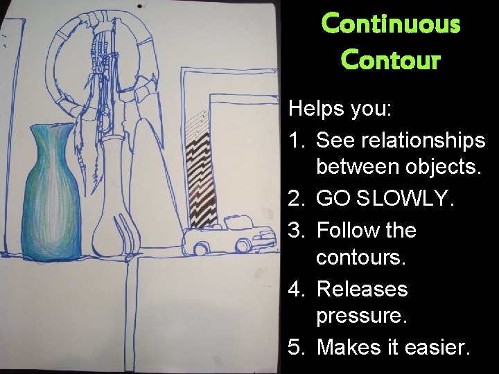 Continuous Contour Helps you: 1. See relationships between objects. 2. GO SLOWLY. 3. Follow