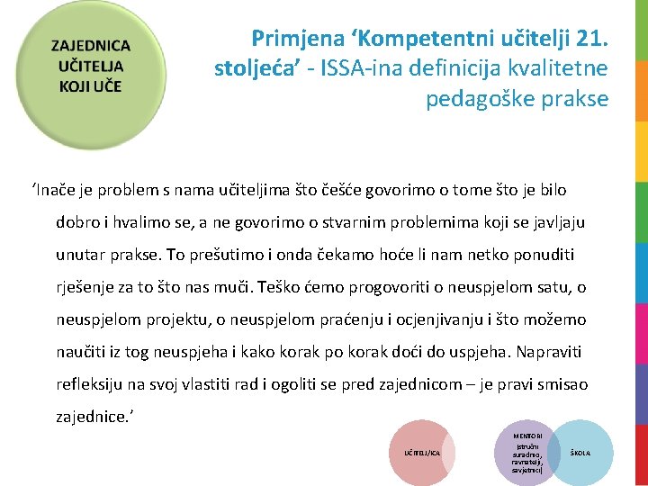 Primjena ‘Kompetentni učitelji 21. stoljeća’ - ISSA-ina definicija kvalitetne pedagoške prakse ‘Inače je problem