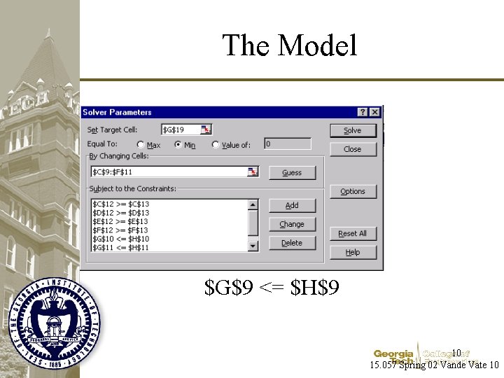 The Model $G$9 <= $H$9 10 15. 057 Spring 02 Vande Vate 10 