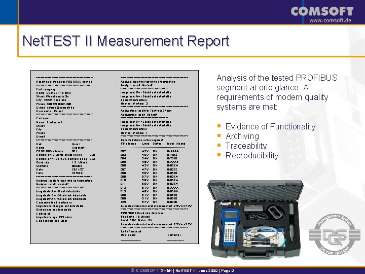 Net. TEST II Measurement Report ************************ Resulting protocol for PROFIBUS network ************************ Test company