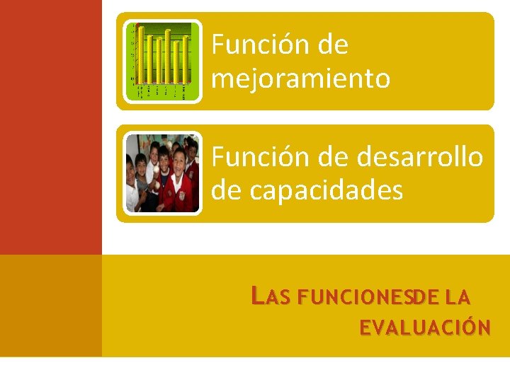 Función de mejoramiento Función de desarrollo de capacidades L AS FUNCIONESDE LA EVALUACIÓN 