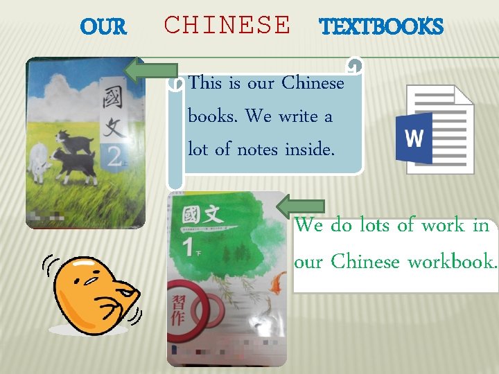 OUR CHINESE TEXTBOOKS This is our Chinese books. We write a lot of notes