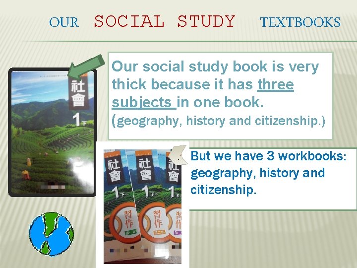 OUR SOCIAL STUDY TEXTBOOKS Our social study book is very thick because it has