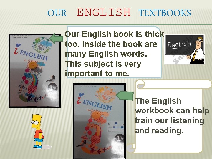 OUR ENGLISH TEXTBOOKS Our English book is thick, too. Inside the book are many