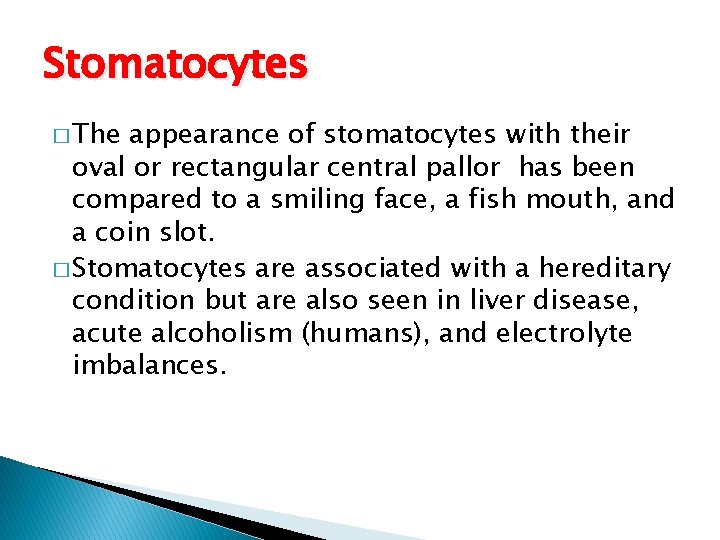 Stomatocytes � The appearance of stomatocytes with their oval or rectangular central pallor has
