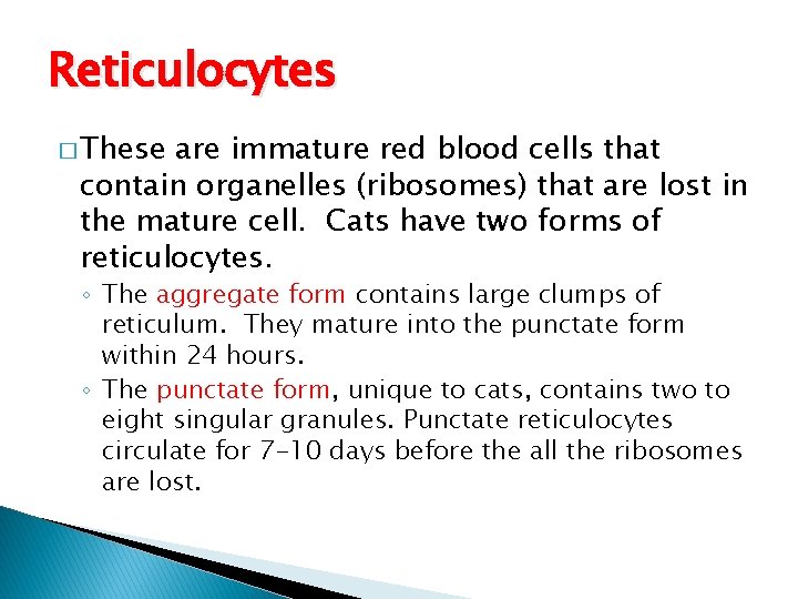 Reticulocytes � These are immature red blood cells that contain organelles (ribosomes) that are