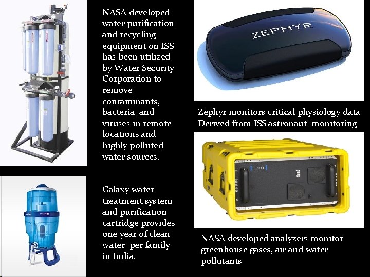 NASA developed water purification and recycling equipment on ISS has been utilized by Water