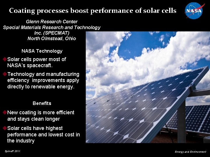 Coating processes boost performance of solar cells Glenn Research Center Special Materials Research and