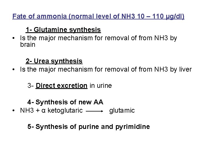 Fate of ammonia (normal level of NH 3 10 – 110 μg/dl) 1 -