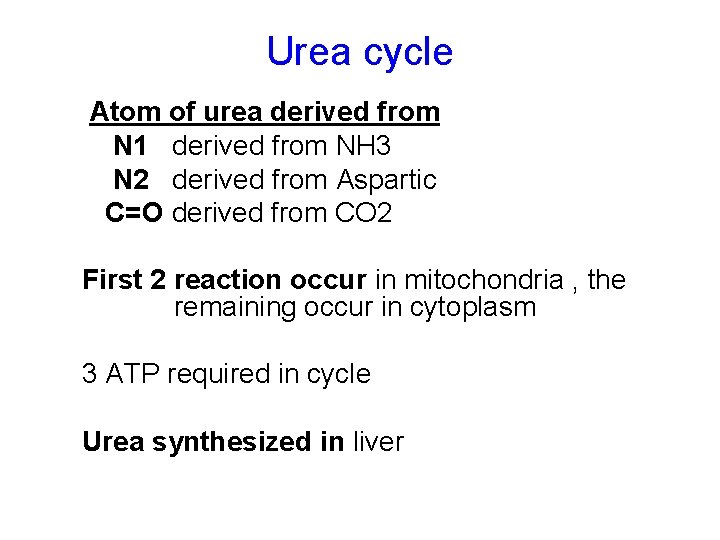 Urea cycle Atom of urea derived from N 1 derived from NH 3 N