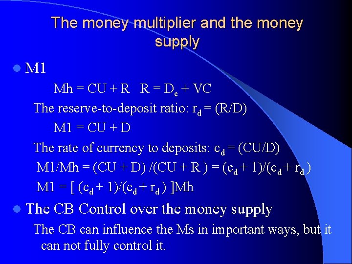 The money multiplier and the money supply l M 1 Mh = CU +