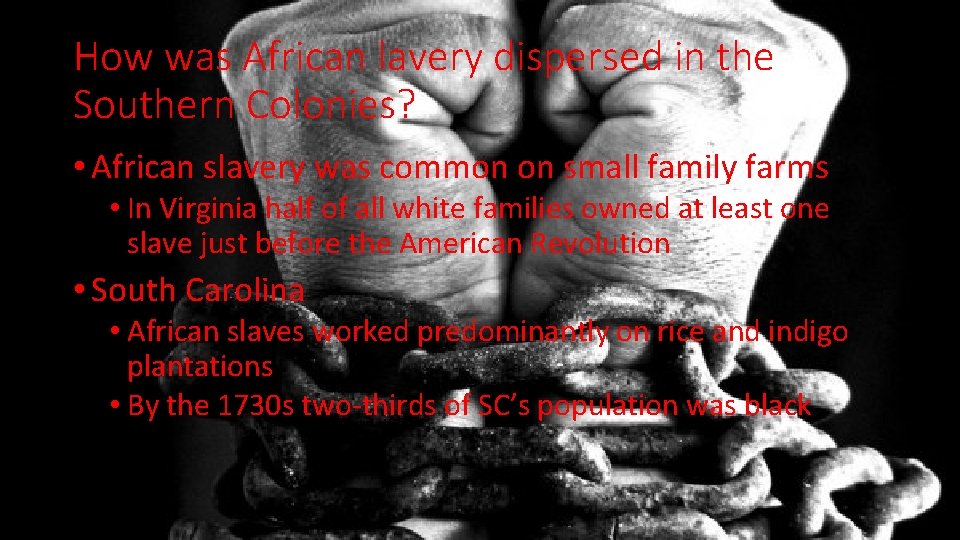 How was African lavery dispersed in the Southern Colonies? • African slavery was common