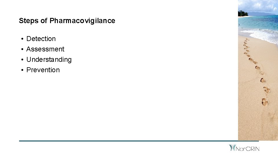 Steps of Pharmacovigilance • • Detection Assessment Understanding Prevention 