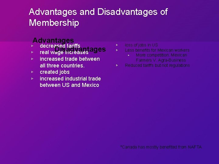 Advantages and Disadvantages of Membership Advantages ▹ decreased tariffs Disadvantages ▹ real wage increases