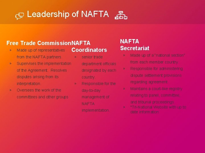 Leadership of NAFTA Free Trade Commission. NAFTA ▹ Made up of representatives Coordinators from