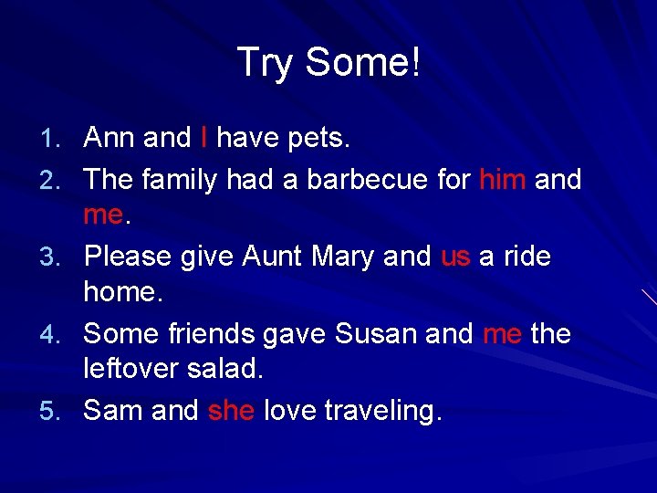 Try Some! 1. Ann and I have pets. 2. The family had a barbecue