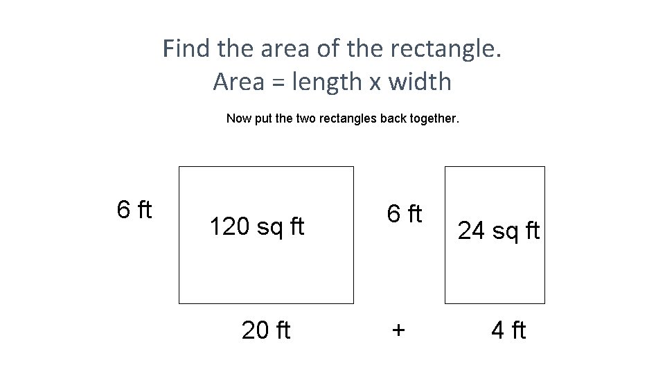 Find the area of the rectangle. Area = length x width Now put the