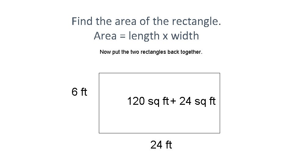 Find the area of the rectangle. Area = length x width Now put the