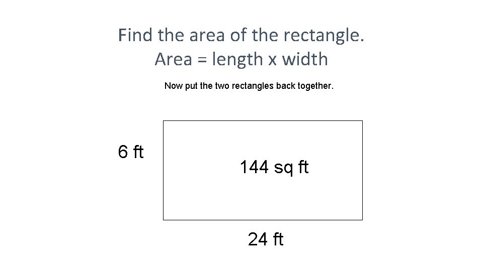 Find the area of the rectangle. Area = length x width Now put the