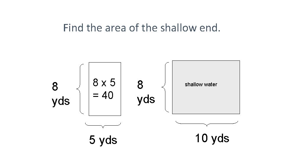 Find the area of the shallow end. 8 yds 8 x 5 = 40