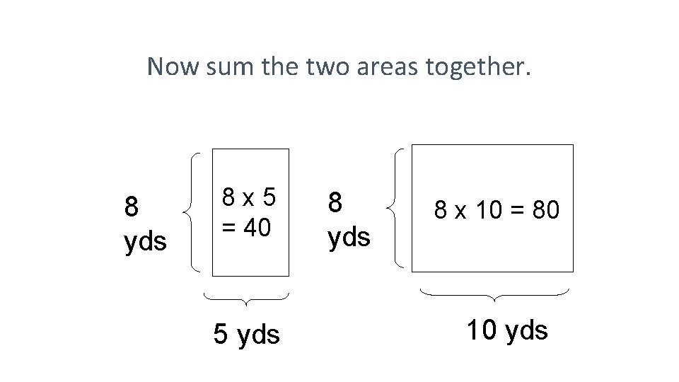 Now sum the two areas together. 8 yds 8 x 5 = 40 5