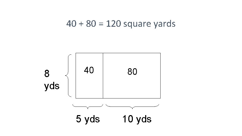 40 + 80 = 120 square yards 8 yds 40 5 yds 80 10