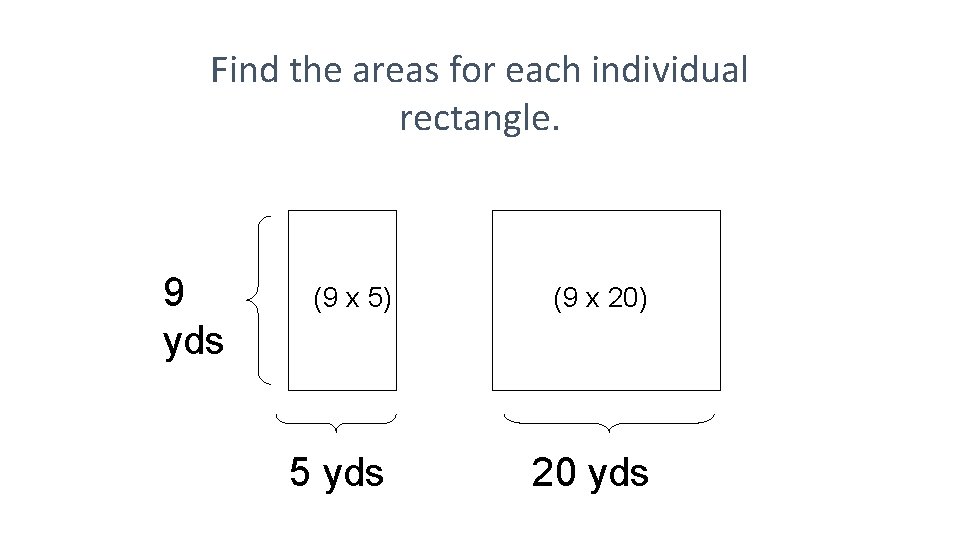 Find the areas for each individual rectangle. 9 yds (9 x 5) (9 x