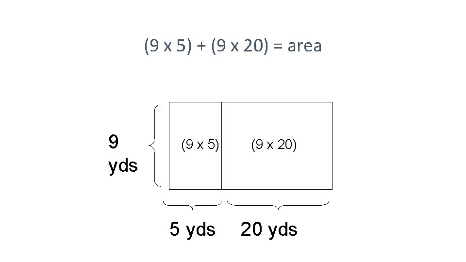 (9 x 5) + (9 x 20) = area 9 yds (9 x 5)