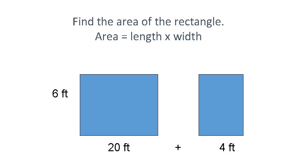 Find the area of the rectangle. Area = length x width 6 ft 20