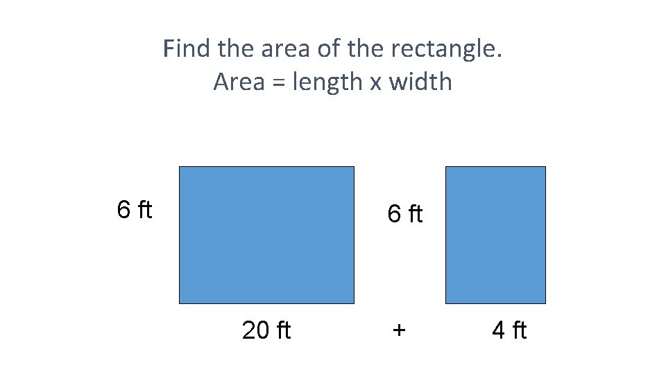Find the area of the rectangle. Area = length x width 6 ft 20