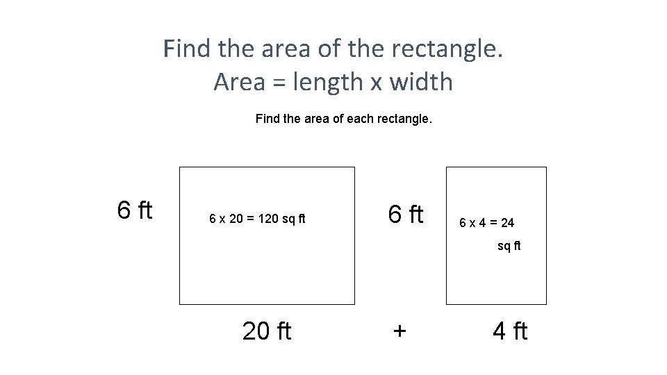 Find the area of the rectangle. Area = length x width Find the area