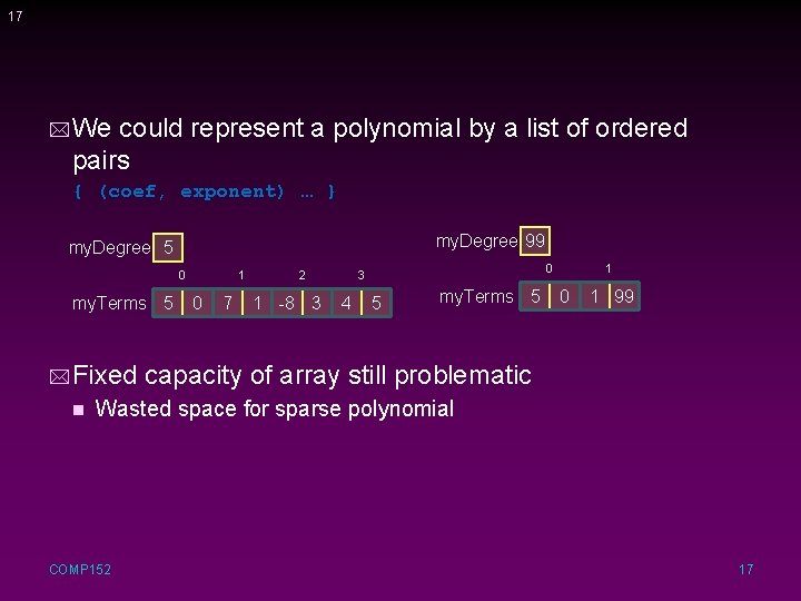 17 * We could represent a polynomial by a list of ordered pairs {