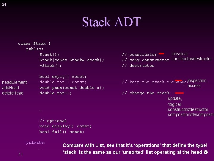 24 Stack ADT class Stack { public: Stack(); Stack(const Stack& stack); ~Stack(); head. Element