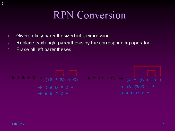 51 RPN Conversion 1. 2. 3. Given a fully parenthesized infix expression Replace each