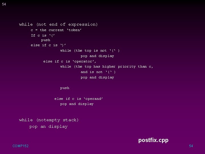 54 while (not end of expression) c = the current ‘token’ If c is