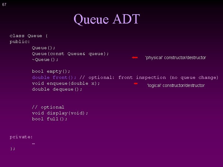 67 Queue ADT class Queue { public: Queue(); Queue(const Queue& queue); ~Queue(); ‘physical’ constructor/destructor