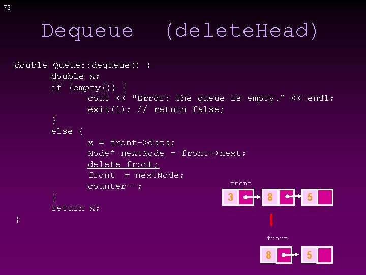 72 Dequeue (delete. Head) double Queue: : dequeue() { double x; if (empty()) {