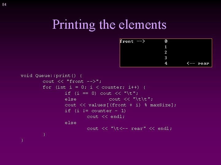 84 Printing the elements void Queue: : print() { cout << "front -->"; for