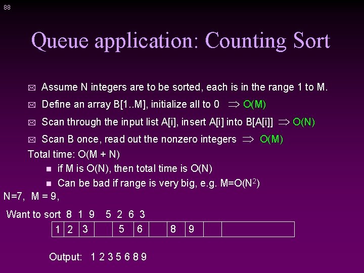 88 Queue application: Counting Sort * Assume N integers are to be sorted, each