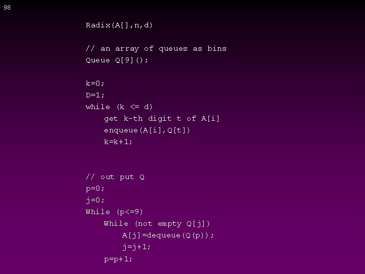 98 Radix(A[], n, d) // an array of queues as bins Queue Q[9](); k=0;