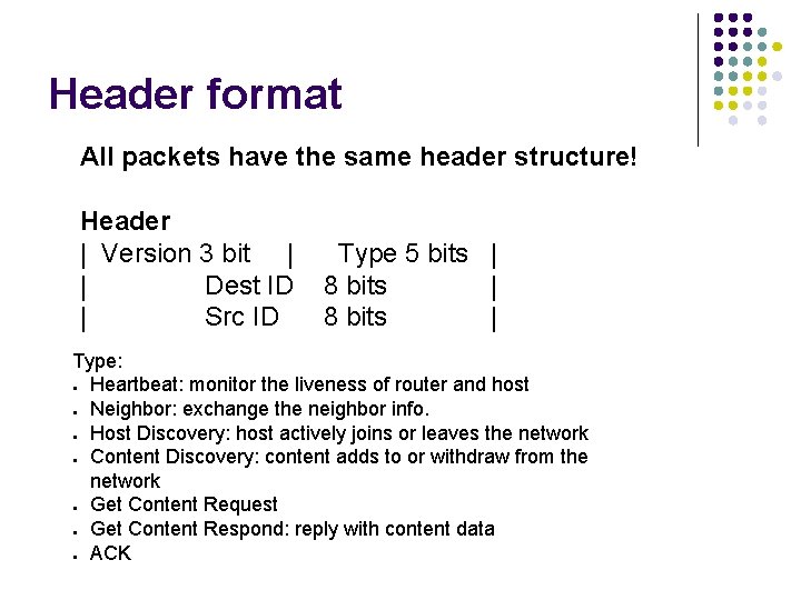 Header format All packets have the same header structure! Header | Version 3 bit