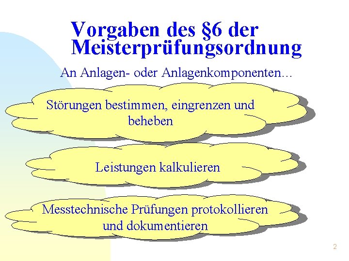 Vorgaben des § 6 der Meisterprüfungsordnung An Anlagen- oder Anlagenkomponenten… Störungen bestimmen, eingrenzen und