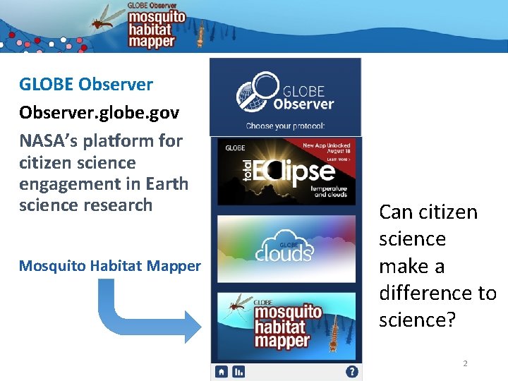 GLOBE Observer. globe. gov NASA’s platform for citizen science engagement in Earth science research