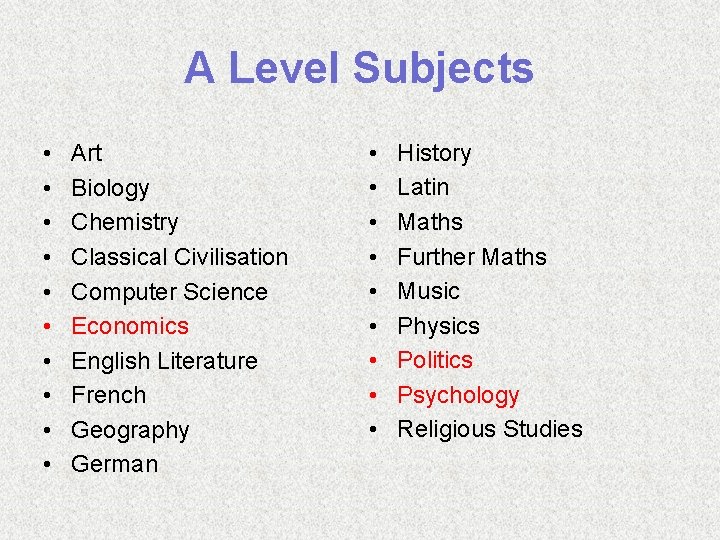 A Level Subjects • • • Art Biology Chemistry Classical Civilisation Computer Science Economics
