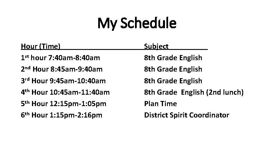 My Schedule Hour (Time) 1 st hour 7: 40 am-8: 40 am 2 nd