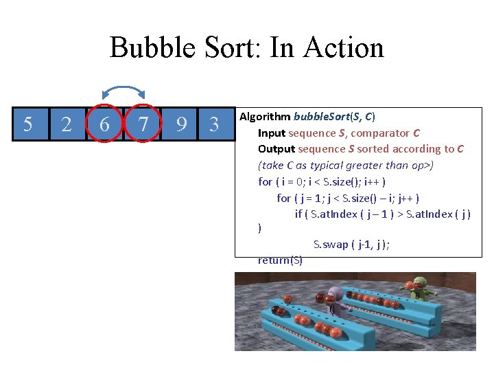 Bubble Sort: In Action 5 2 6 7 9 3 Algorithm bubble. Sort(S, C) Bubble Sort: In Action 5 2 6 7 9 3 Algorithm bubble. Sort(S, C)