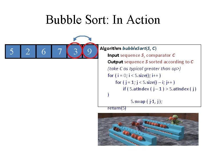 Bubble Sort: In Action 5 2 6 7 3 9 Algorithm bubble. Sort(S, C) Bubble Sort: In Action 5 2 6 7 3 9 Algorithm bubble. Sort(S, C)